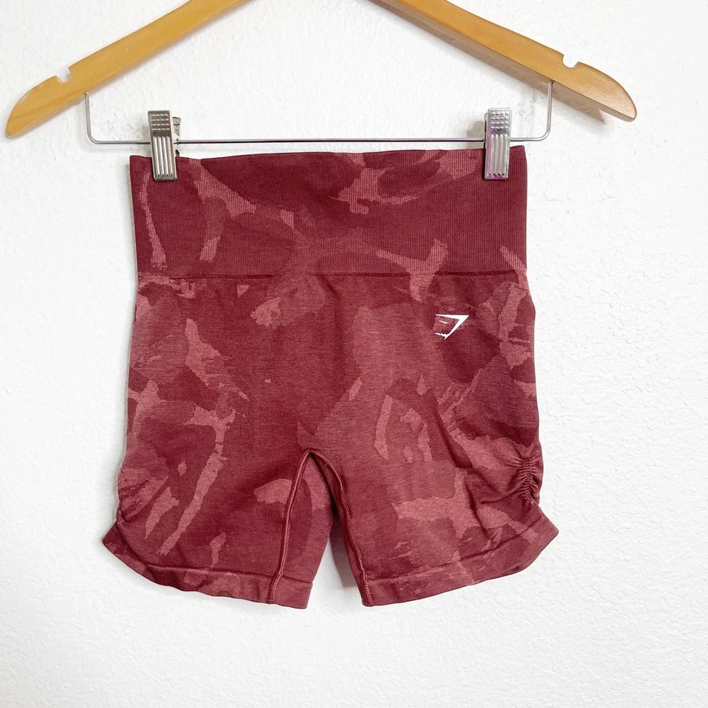 Gymshark Adapt Camo Seamless Shorts Burgundy Red Ruched‎ High Waist Small